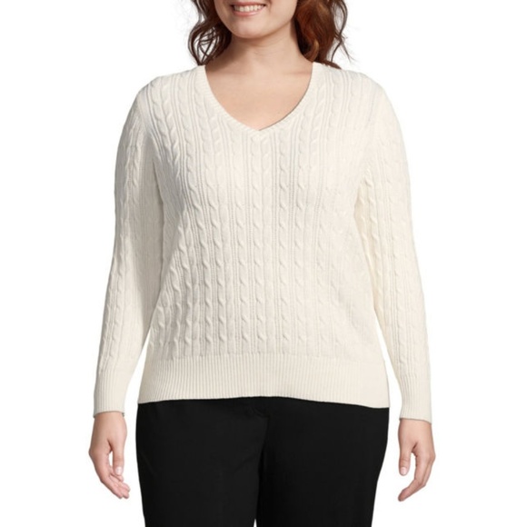 St. John's Bay Sweaters - St. John's Bay Cable V-Neck Sweater - Plus